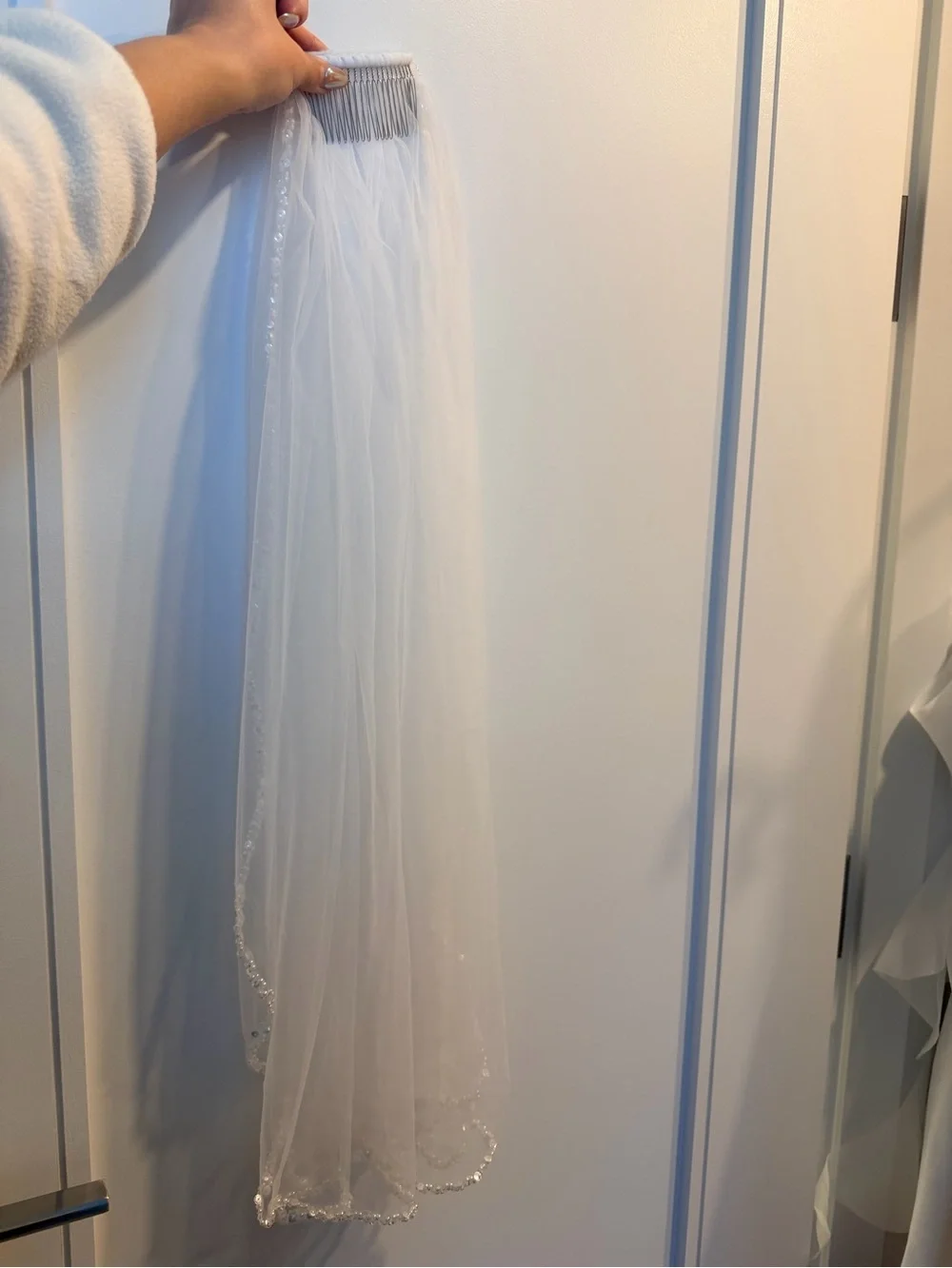 Classic White Bridal Veil with Beaded Edge - Picture 1 of 5